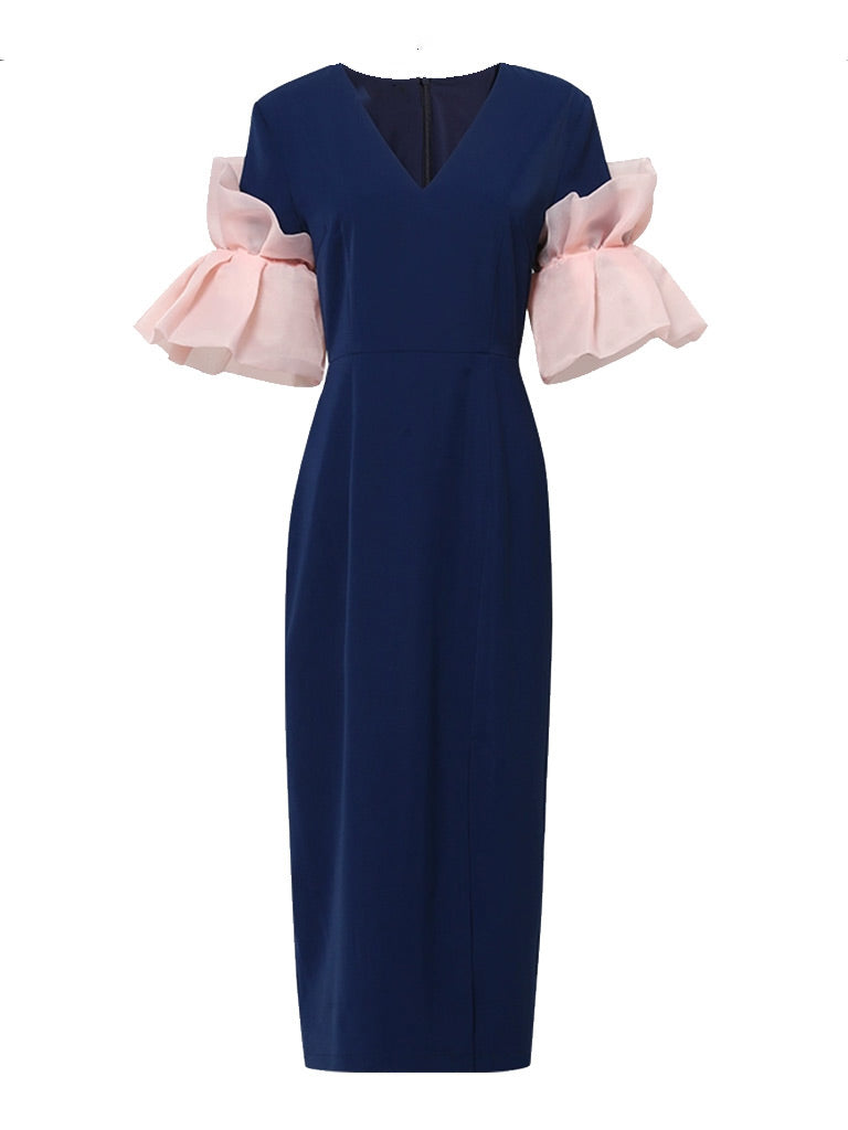 Navy V Neck Ruffles Sleeve 1940S Bodycon Vintage Dress