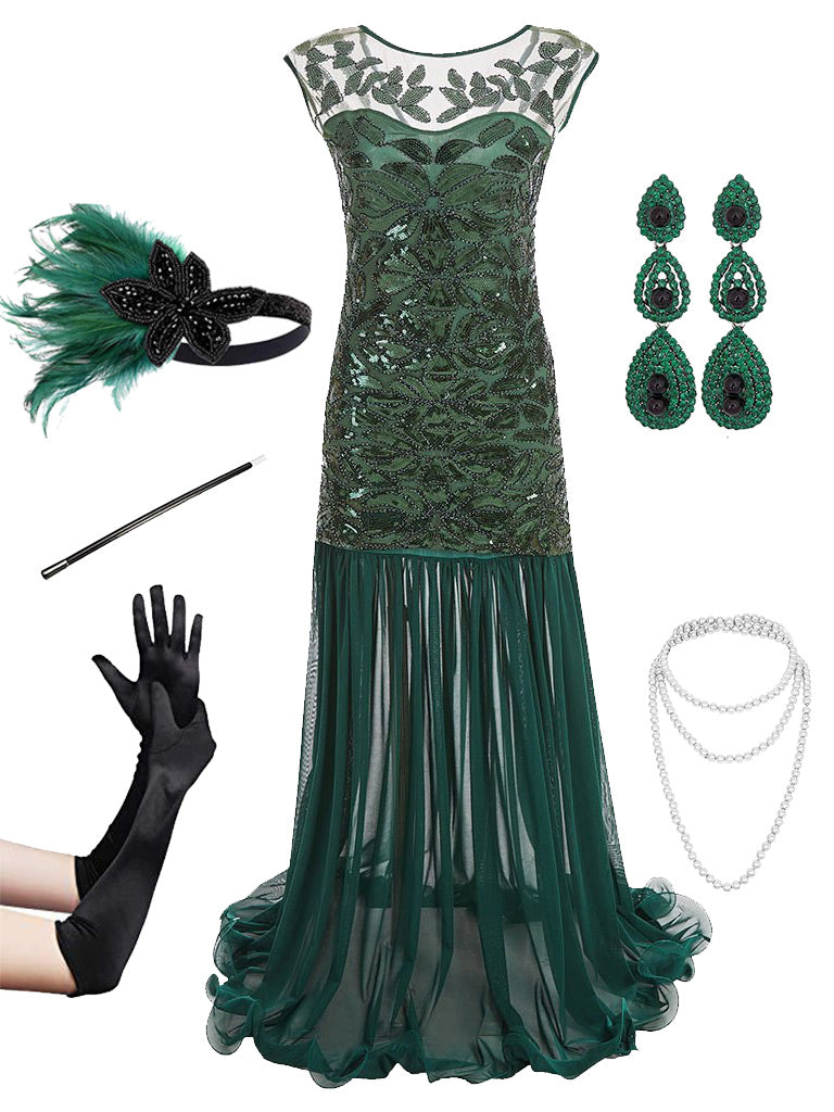 2PCS Top Seller Dark Green 1920s Dress & Accessories Set