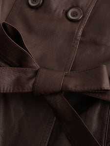 Women's Coat PU Leather Turndown Collar Fall Winter Plush Regular Midi Length Coat Solid Color Coat