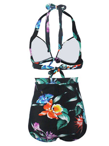 
Black Floral 3D Print Halter Retro Style Bikinis swimsuits