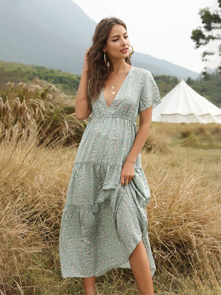 Long Dress Women Summer Boho Sexy Flowers Dress With V-neck Green / XL Long Dress Women Summer Boho Sexy Flowers Dress With V-neck Green / XL