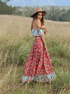 Women's Summer Boho Dress Floral Printed V Elastic Band Collar Beach Maxi Dress