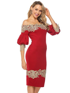 Off Shoulder Bishop Sleeve Lace  Party Dress