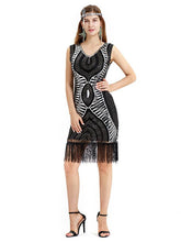 Load image into Gallery viewer, Black Gold 1920s V Neck Sequined Fringed Flapper Dress