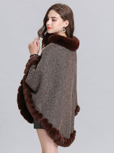 Women Woolen Poncho Faux Fur Shawl Collar Oversized Winter Coat