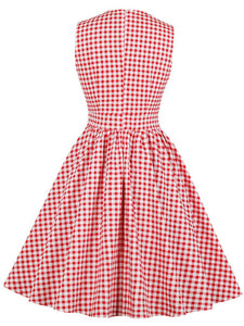 Printed V Neck Green Plaid Vintage Dress