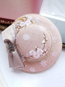 Pink Plum Embroidery Flower And Bow Rhinestone Decoration 1950S Hat 
