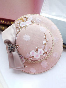 Pink Plum Embroidery Flower And Bow Rhinestone Decoration 1950S Hat 