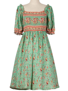 Women's Green Floral Boho Dress Short Ruffle Sleeve Square Neck Beach Dress