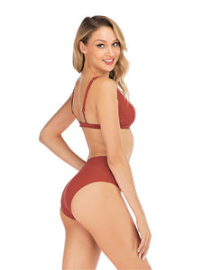 Red High Waisted Two Pieces Striated Triangle Bikini Sets