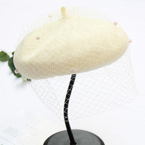 Women Knitted Artist Beanie Hat Cap With Veil