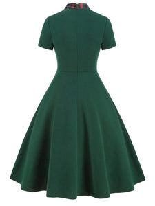 1950S Bow Collar Plaid Swing Dress 