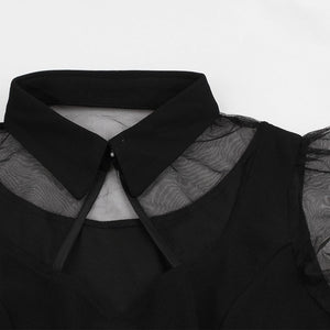 Black Tailored Collar Semi-sheer Short Sleeve Dress