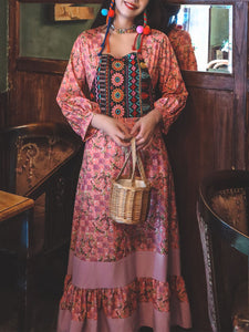 Women's Bohemian Floral Printed Embroidered Square Neck 3/4 Pleated Sleeve Boho Maxi Dress