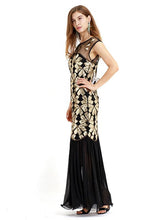 Load image into Gallery viewer, Black Gold 1920s Crew Neck Sequined Flapper Dres