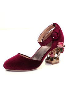 Luxury Velvet Shoes Women Round Toe Gold Metallic Fretwork Floral Heels