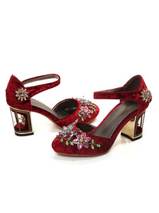 Luxury Womens Rhinestone Embroidery Crystal Flower Mary Janes Pumps