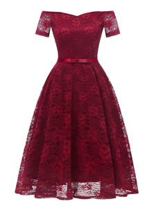Off the Shoulder Soild Color Short Sleeve  Lace A line Vintage Party Dress