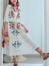 Load image into Gallery viewer, Women&#39;s Cotton Embroidered Floral Square Neck Flared Half Sleeve Maxi Boho Dress