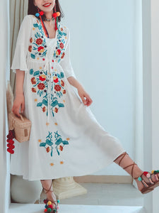 Women's Cotton Embroidered Floral Square Neck Flared Half Sleeve Maxi Boho Dress