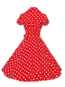 Elegant High Waist V Neck Short Sleeve Dots Vintage Dress
