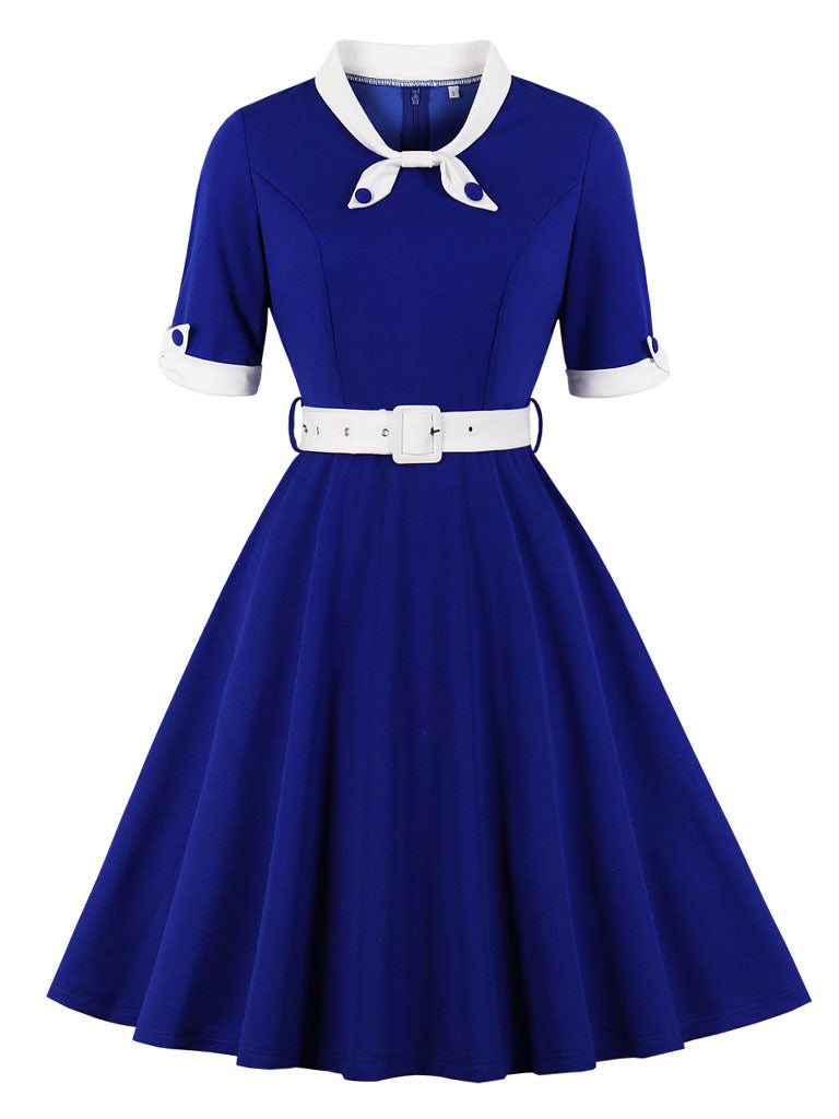 Dark Green Swing Vintage 1950s Dress, Blue/White / S Dark Green Swing Vintage 1950s Dress, Blue/White / S