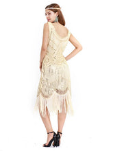 Load image into Gallery viewer, Apricot 1920s Crew Neck Sequined Fringed Flapper Dress