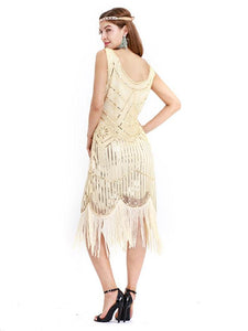 Apricot 1920s Crew Neck Sequined Fringed Flapper Dress