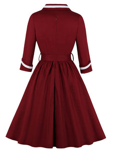Navy 1950s V Neck Vintage Swing Dress With Belt