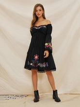 Load image into Gallery viewer, Women&#39;s Boho Dress Black Off Shoulder Floral Embroidered Dress