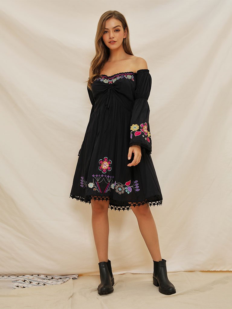 boho dress woman off shoulder Boho Off-shoulder Cotton Maxi Dress: Cinnamon Petal Floral Gown - Lucia