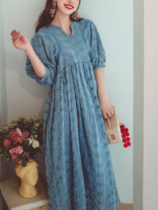 Women's Embroidered Floral Lace Solid Backgrand V Neck Half Sleeve Maxi Boho Dress