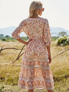 Women's Floral Boho Dress Half Sleeve V Neck Beach Party Dress