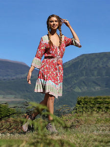 Women's Summer Boho Dress Floral Printed V Neck Beach Maxi Dress