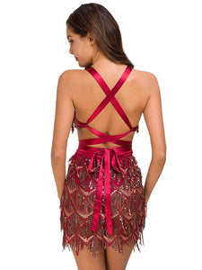 Deep V Sequin Back Cross Mini Dress