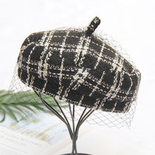 Load image into Gallery viewer, Black White Plaid Worsted Beret Hat Cap With Veil