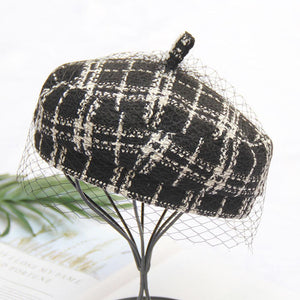 Black White Plaid Worsted Beret Hat Cap With Veil