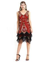 Load image into Gallery viewer, Wine Red 1920s V Neck Sequined Fringed Flapper Dres