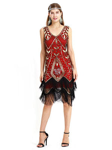Wine Red 1920s V Neck Sequined Fringed Flapper Dres