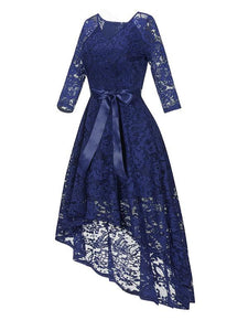 Lace V Neck 3/4 Length Sleeve High Low Hem Vintage Dress