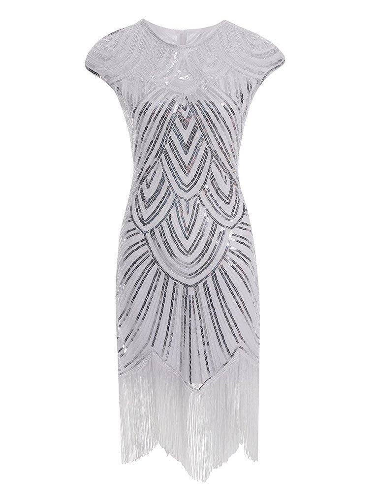 White 1920S Sequined Gatsby Flapper Dress Set, White / L