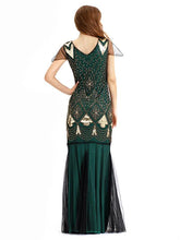 Load image into Gallery viewer, Green 1920s V Neck Sequined Long Flapper Dress