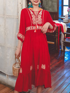 Jolly Vintage 2 Pieces Bohemian Hooded Embroidered Floral 3/4 Sleeve Boho Dress