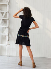 Load image into Gallery viewer, Women&#39;s Boho Dress Deep V Neck Embroidered Short Sleeve Midi Length Dress