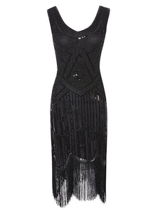 White 1920s V Neck Sequined Flapper Dress