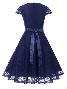 A Line Solid Color Lace Cap Sleeve Vintage Dress