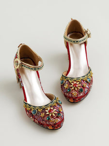 Luxurious Rhinestone Embroidery Floral Block Heel Ankle Strap Vintage Shoes