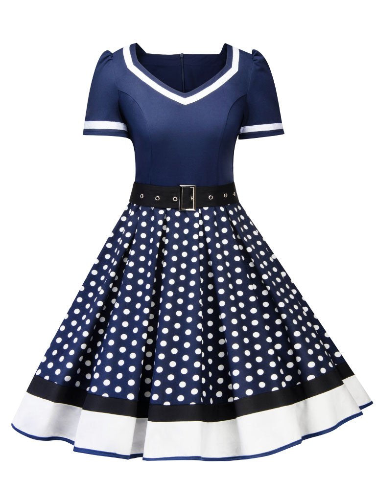 Polka Dots A Line Vintage Dress With Belt, Navy / S Polka Dots A Line Vintage Dress With Belt, Navy / S