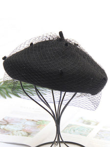 Solid Color Wool Felt Beret Cap Hat With Veil