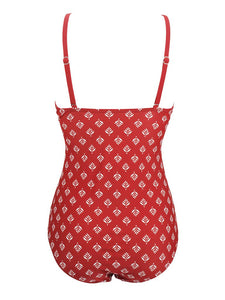 Printed Red Background Retro Style One Piece Backless Trigonal Bikini Set